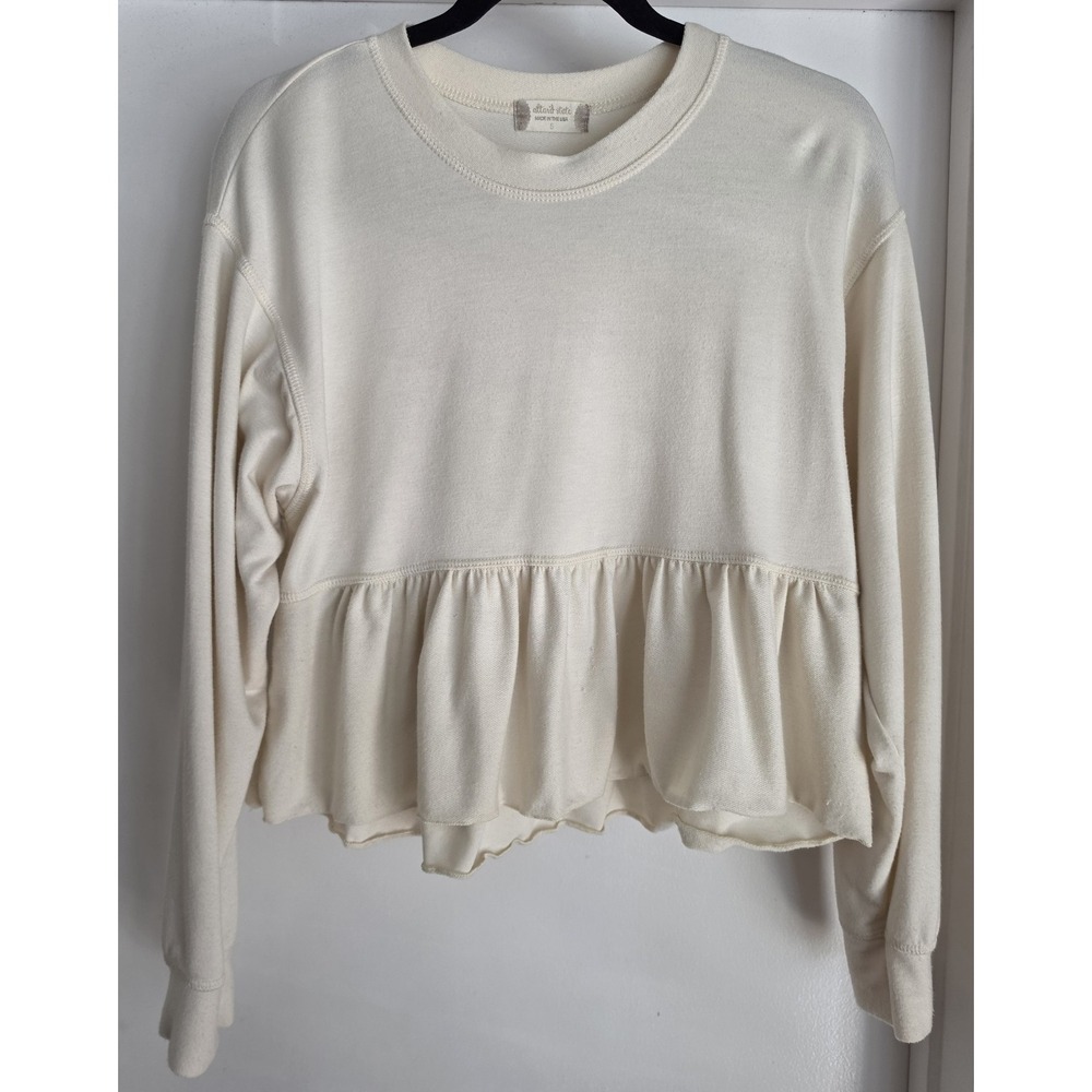 Altar'd State Women's Sweatshirt S Cream Solid Crew Neck Pullover Top